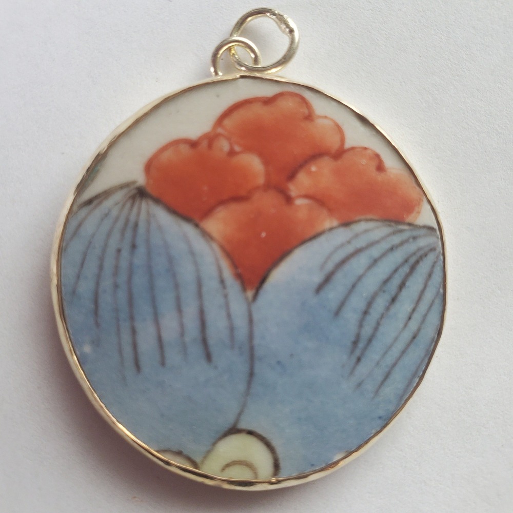 Vintage Hand Painted Porcelain Floral Round Pendant Blue Orange Pottery Shard - Picture 3 of 10